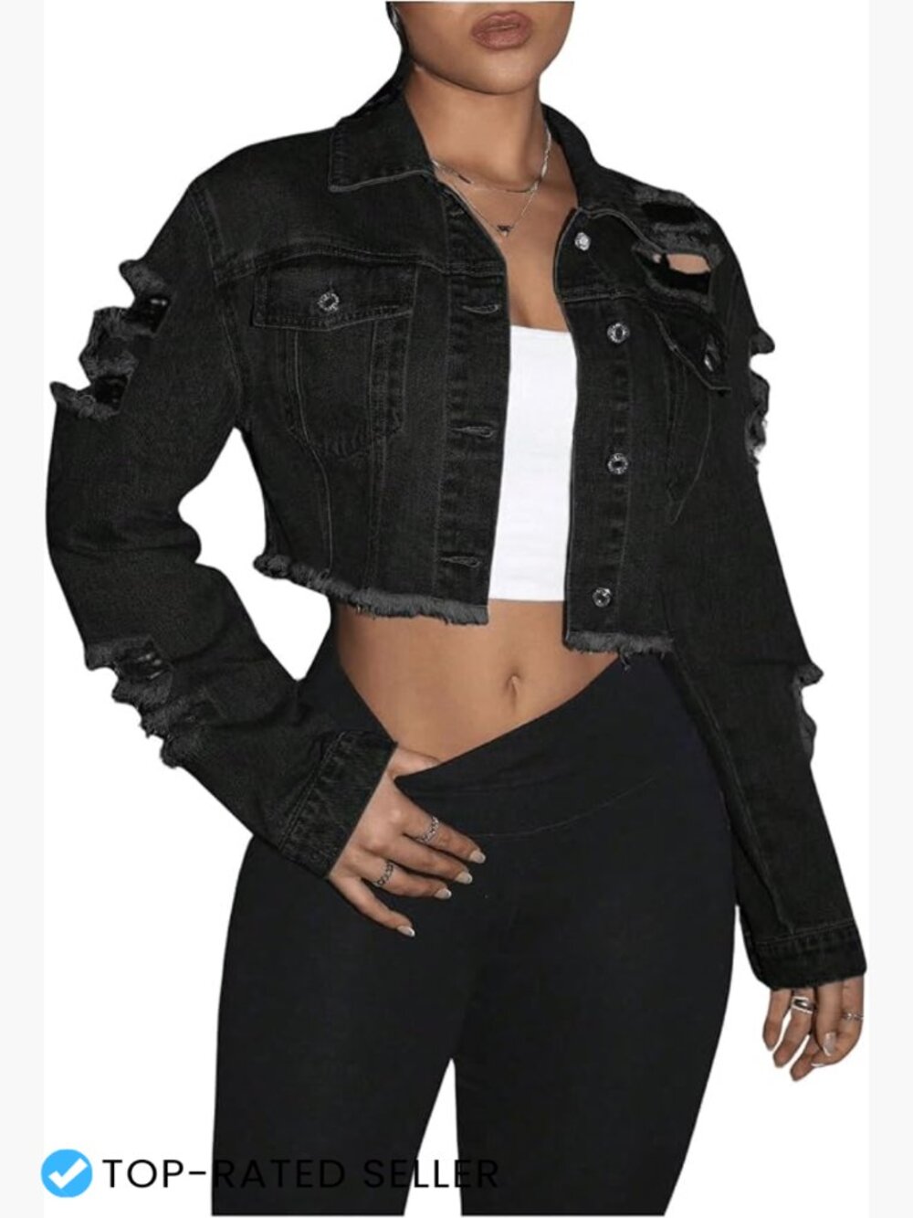 Y2K Cropped Denim Jacket Raw Hem Ripped Button Down Distressed Jean Jacket for